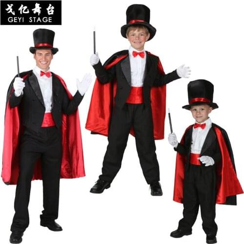 Kids Boys Magician Cosplay Costume Outfit Cape Hat Coat Tie Set for Adult Men Halloween Role Play Party Magic Dress Up