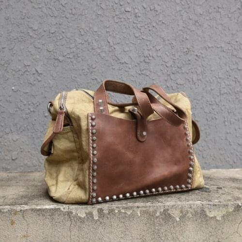 Leather Shoulder messenger bag mens bag retro fashion casual handbags men tote bag travel bag canvas with leather rivet bags