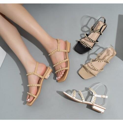 Summer Flat Sandals Sweet Rome Pearl Decoration Sandal Square Toe Flats Plus Size Women Beach Sand Holiday Shoes Womens Sandals