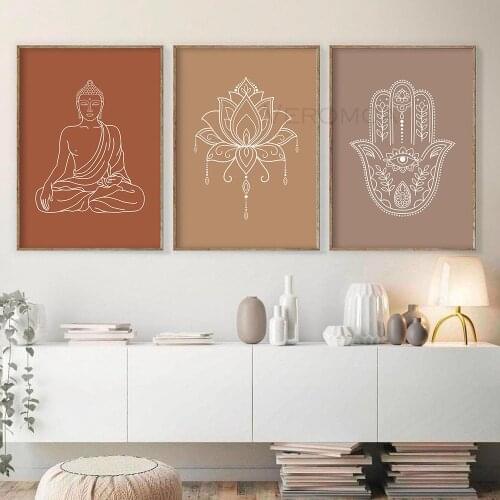 Boho Wall Art Print Mandala Buddha Lotus Neutral Colors Canvas Painting Poster Picture Zen Yoga Living Room Home Interior Decor