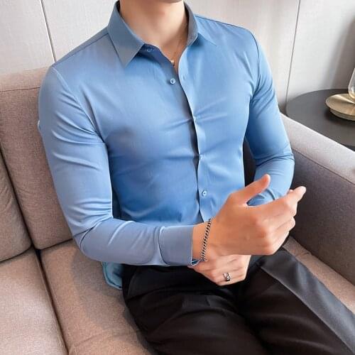 2021 Solid Color Shirts Men British Style Long Sleeve Casual Business Dress Shirt Slim Social Party Blouse Brand Male Clothing