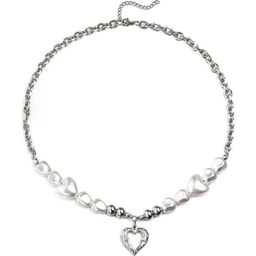 Stainless Steel Hip Hop Baroque Heart Wings Pearl Pendant Necklace Women Men Street Dance Gift For Him