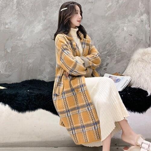 Vintage Mid-length Plaid Imitation Mink Velvet Coat Women Autumn Winter Pink Cardigans 2021 New Korean Loose Thick Knitted Coat