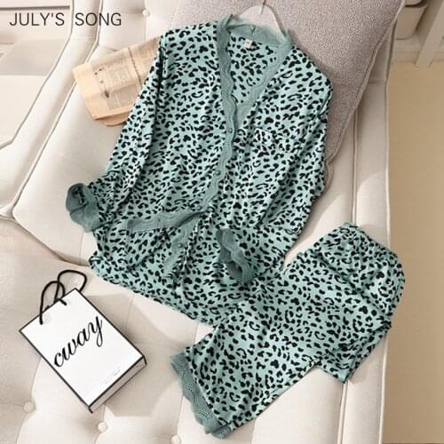 JULYS SONG Women Pajamas 2 Pieces Satin Silk Pajamas Set Spring Summer Sleepwear Leopard Print Long Sleeve Trousers Homewear