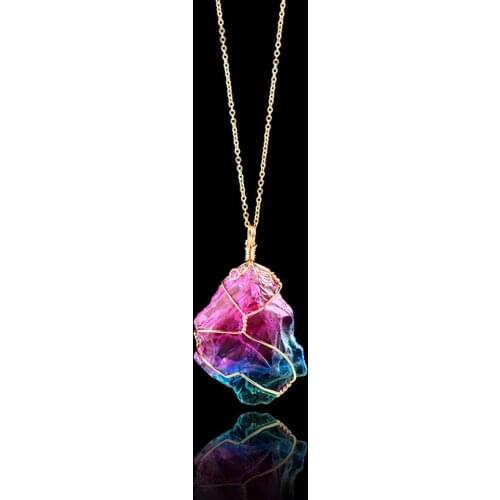 Rainbow pendant necklaceTrendy Multicolour Natural Stone Chain Necklace Rhinestone Quartz Pendant Charms Necklaces Collar