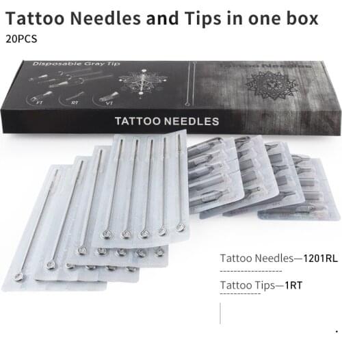 RL+RT) Tattoo Needles and Gray Tips Mixed 40PCS- Professional Tattoo Needle RL & Disposable Plastic Tattoo Tips RT With Box