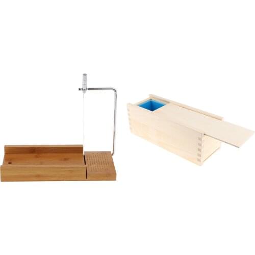Blue Silicone Loaf Mold with Wooden Box Including Matching Lid & Soap Cutter with Wire Slicer, for Handmade Soap Making Crafts
