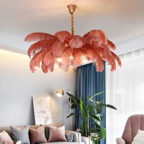 Modern Ostrich Feather LED All Copper Chandelier Nordic Living Room Bedroom Girl Room Pendant Lights Home Interior Lighting G9
