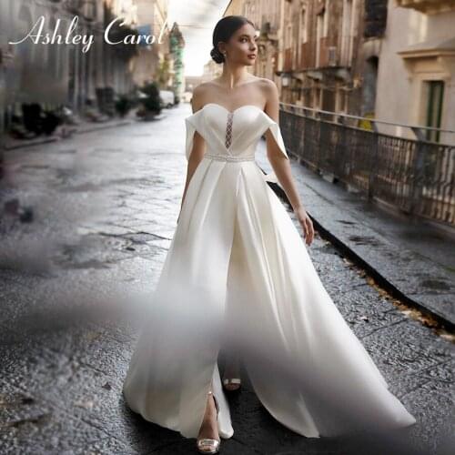 Ashley Carol A-Line Wedding Dress 2021 Satin Sexy Backless Sweetheart Beaded Sashes Slit-Hem Beach Bridal Gown Vestido De Novia