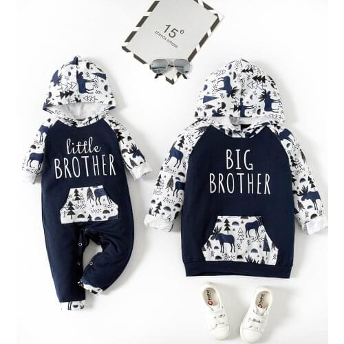 PatPat Dinosaur and Letter Print Dark Blue Long-sleeve Hooded Sweatshirts for Brother and Me