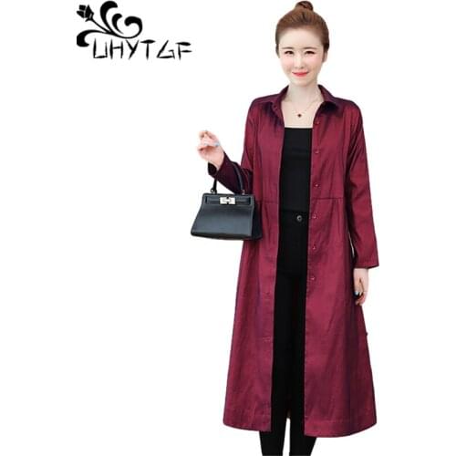 UHYTGF Womens Trench Coat Mid-Length Loose Plus Size Outerwear Solid Wild Thin Tops Long-Sleeved Autumn Windbreaker Female 1516