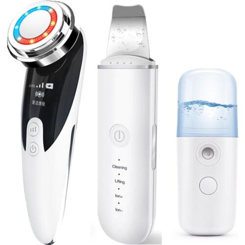 Face Skin Care Vibration Massage Device Eye Lifting Wrinkle Removal + Ultrasonic Skin Scrubber Facial Pore Cleaner+Nano sprayer