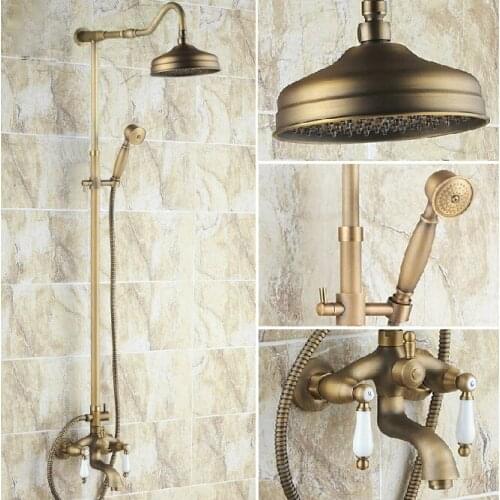 Vintage Antique Brass Dual Ceramic Handles Bathroom 8 Inch Round Rain Shower Faucet Set Bath Tub Mixer Taps Hand Shower mrs243