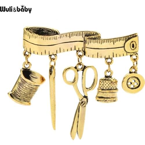 Wuli&baby Vintage Tailor Scissors Brooch Pins Tailor Tape Tulers Tools Brooches Jewelry Gift 2021 Fashion Accessory