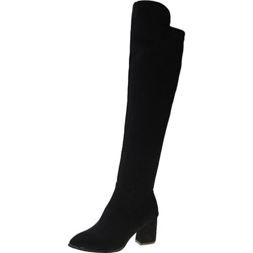 Flock Over-The-Knee Boots Womens Elastic Boots 2020 Winter Side Zipper High-Heeled Thin Pointed Toe Small Heel Shoes