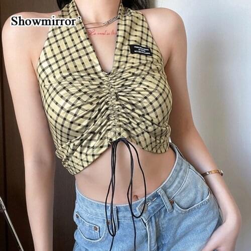 Showmirror Plaid Print Halter Crop Top Women 2021 y2k Tops Shrring Vest Female Clothing Outfits Lace UP Punk Bandage Tops