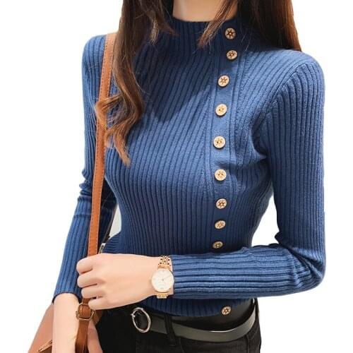 Women Knit Sweater Turtleneck Pullovers Autumn Winter New Warm Long Sleeve Button Slim-fit Knit Sweater Femme Clothing Top