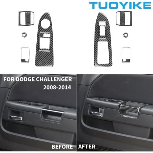 Car Inner Carbon Fiber Window Lift Switch Button Inner Door Pull Handle Bowl Knob Trim Sticker Cover For Dodge Challenger 08-14