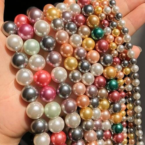 6 8 10 12mm Multicolor Shell Pearls Beads Smooth Round Loose Beads For DIY Jewelry Making Bracelet Charms Accessories 15''Inches