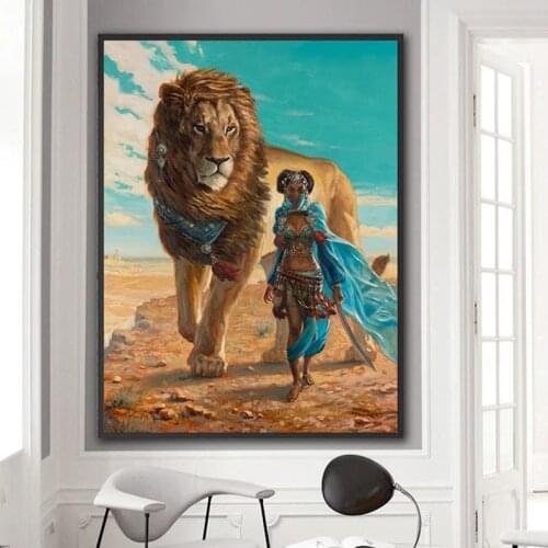 Africa Wild Lion with Girl Canvas Printing Art Fantasy Wall Poster Painting for Living Room Bedroom Decorative Paintings Cuadros
