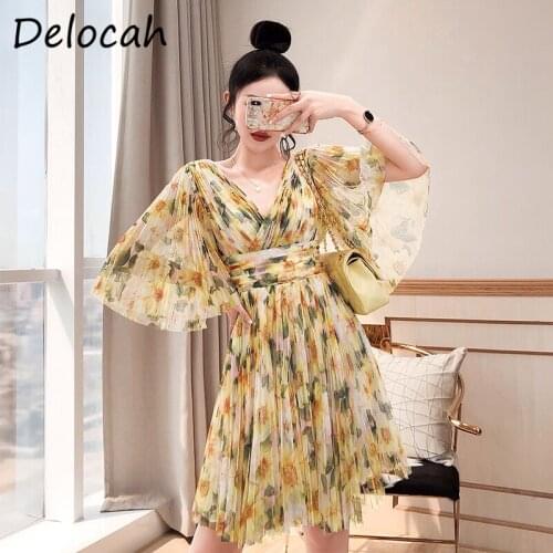 Delocah New 2021 Summer Women Fashion Runway Party Mini Dress Flare Sleeve High Waist Floral Printed Elegant Ladies Mesh Dresses