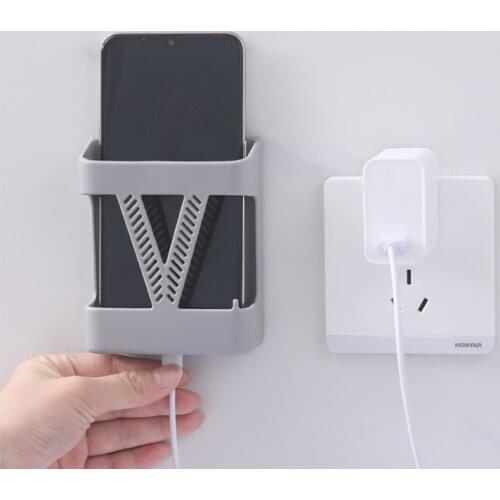 Punch-Free Wall Mounted Phone Holder Charging Bracket Adhesive Remote Control Storage Box Home Bathroom Kitchen Organizer Shelf