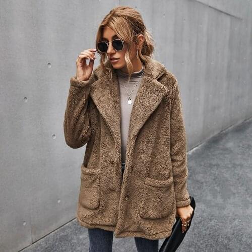 Fleece Faux Fur Coat Casual Ladies Long Button Pockets Jacket Keep Warm Coat Female Winter Long Sleeve Womens Outerwear 8051012