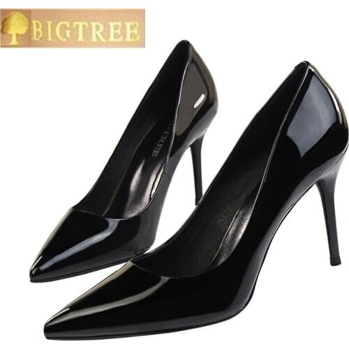 Concise Solid Patent Leather High Heels Shoes New Autumn Fashion Shallow Women Pumps Pointed Toe Elegant Womens OL Office Shoes