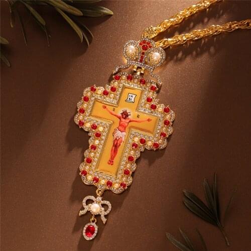 Mens Pectoral Cross Orthodox Jesus Crucifix Pendants Plated Gold Rhinestones Chain Necklace Religious Jewelry
