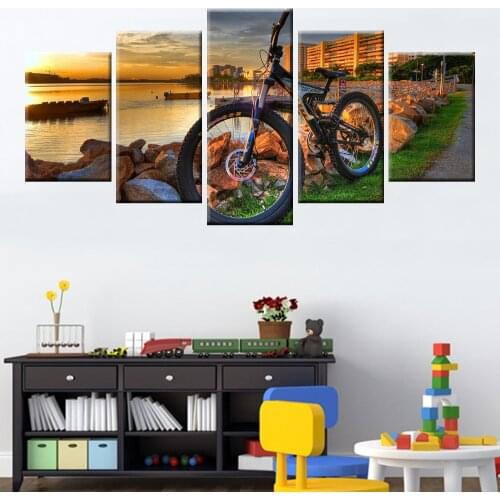 Wall Art Canvas Painting 5 Panel Mountain Bike Racing Wall Art Bicycle Sunset Landscape Poster Living Room Bedroom Decor Picture