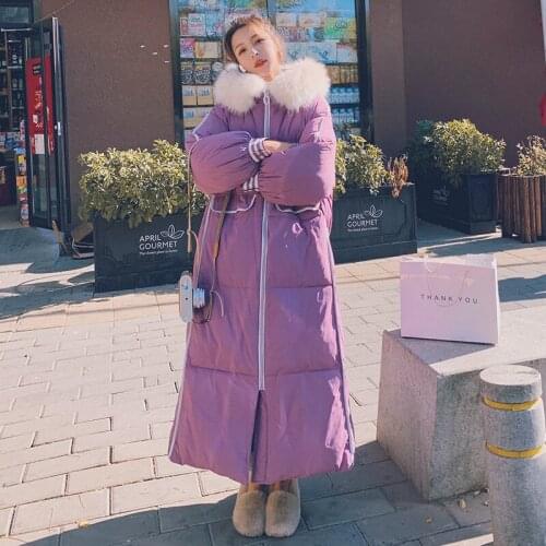 Winter Womens Jacket Thick X-long Hooded Big Fur Collar Plus Size Down Warm Purple Korean Loose Casual Long Sleeve Coat Female