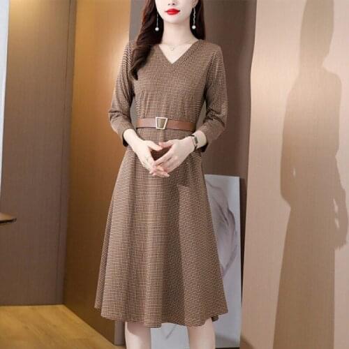 2021 New Autumn Winter Fashion Elegant Women Vintage Houndstooth Knitted Dresses Female Sweater casual Dress