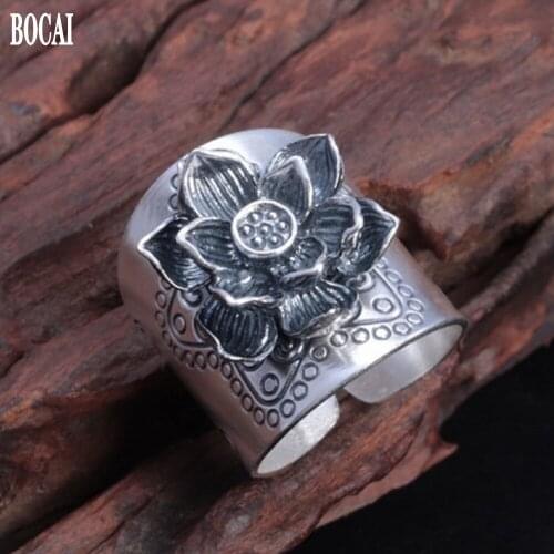 BOCAI New Real s999 pure silver flower rich and noble Woman ring stylish personality retro open flower ring for Woman