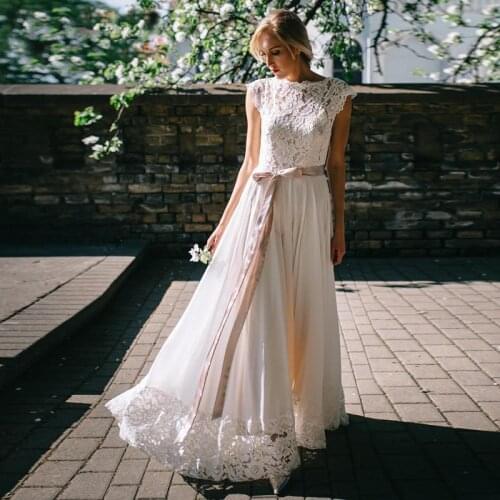 New Modest Lace Wedding Dress 2021 robe de mariage A Line Wedding Gowns Handmade Sheer Open Back Bridal Dresses