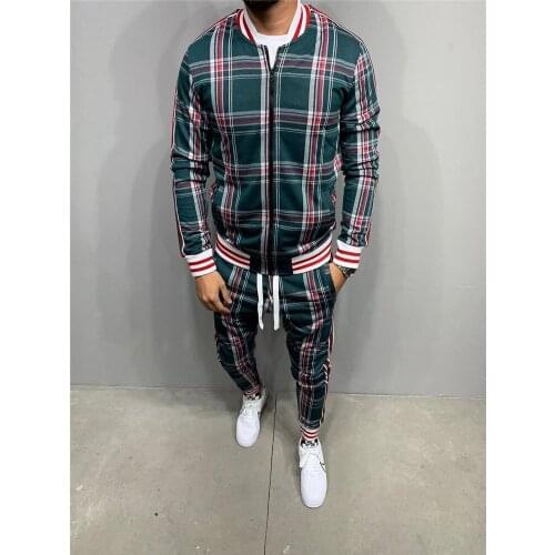 New Mens set Fashion Men Tracksuit Jacket Sets Colorful Plaid Men Casual Zipper Set Autumn Tracksuit Set Male Sweatshirt Pocket