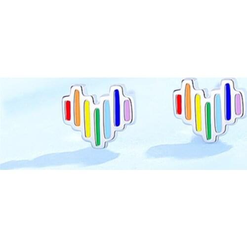 New Simple Rainbow Love Shaped 925 Sterling Silver Jewelry Sweet Fresh Epoxy Vertical Stripe Personality Stud Earrings SE920
