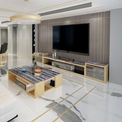 Natural marble Stainless steel TV Stand modern Living Room led monitor stand mueble tv cabinet mesa tv table + coffee table
