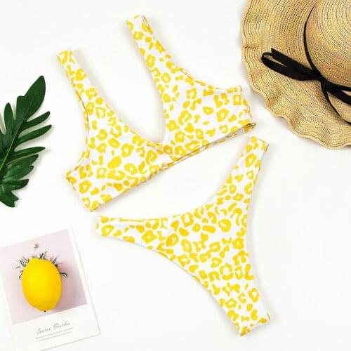Sexy Yellow Leopard Print Triangle Bikinis Women Push Up Brazilian Bikini Set Swimwear Women Thong Bathing Suit Female Biquini