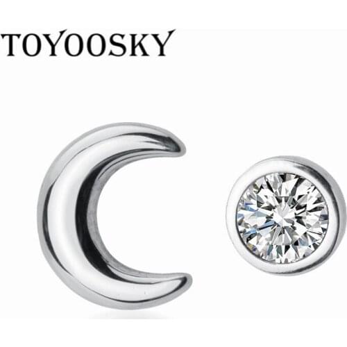 New S925 Stamp Silver Asymmetric Moon Sweet CZ Round Stud Earrings For Women Hypoallergenic Fashion Gift