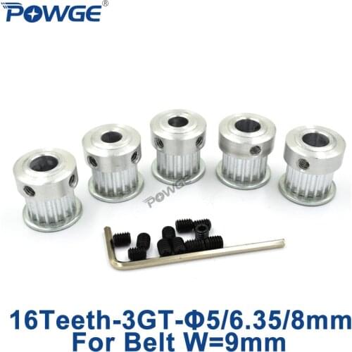 POWGE 5pcs 16 Teeth 3GT Timing Pulley Bore 5mm 6.35mm 8mm for width 9mm 3GT Open Belt GT3 3MGT Synchronous pulley 16Teeth 16T