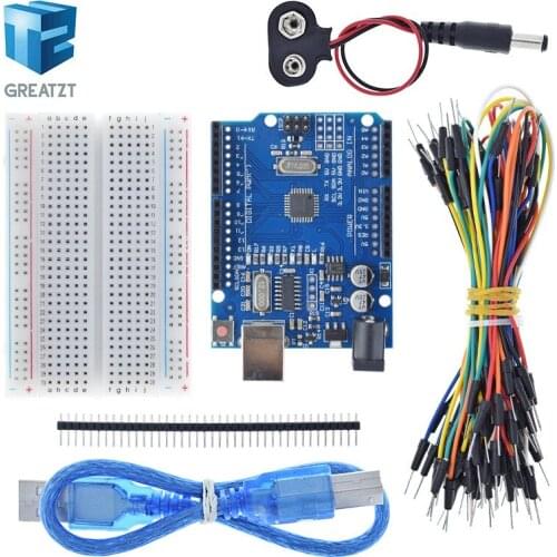 GREATZT Starter Kit for Arduino Uno R3 - Bundle of 5 Items: Uno R3, Breadboard, Jumper Wires, USB Cable and 9V Battery Connector