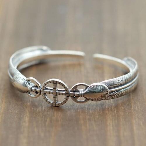 Takahashi Goro S925 Sterling Silver Feather Open Ended Vintage Thai Silver Indian Style Cross Wheel Men And Women Bangles