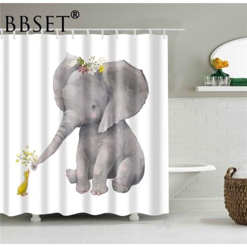 Funny Animals Shower Curtain Cartoon Elephant and Little Yellow Duck Pattern Waterproof Multi-size Douchegordijn Bathroom Decor