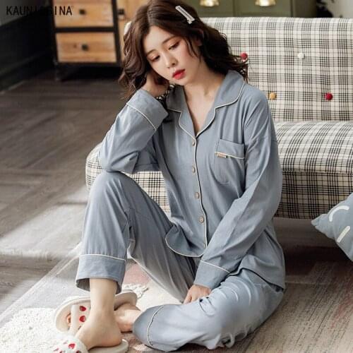 Womens Cotton Pajamas Long Sleeve Lapel Collar Sleepwear V-neck Loose Students Girl Autumn Winter Pajama Sets Home Loungewear