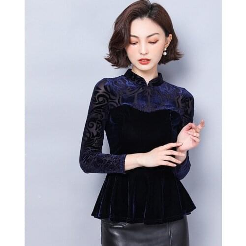 Ladies Chinese Tops 2020 New Spring Cheongsam Top Retro Shirt Patchwork Long Sleeve T Shirt Chinese Style Clothing Women 10373