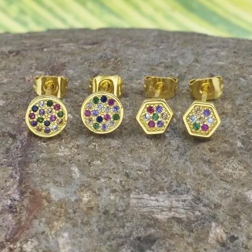 Zircon Round Stud Earrings for Women 24k Gold Fashion Jewelry Super Tiny Hexagonal Studs Geometric CZ Crystal Earring Party Gift