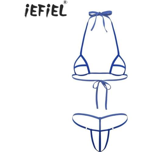 Womens Hollow Out Halter Neck Bikini Set Lingerie Suit Sissy Nightwear Open Cup Bra Tops with Low Rise Crotchless G-String