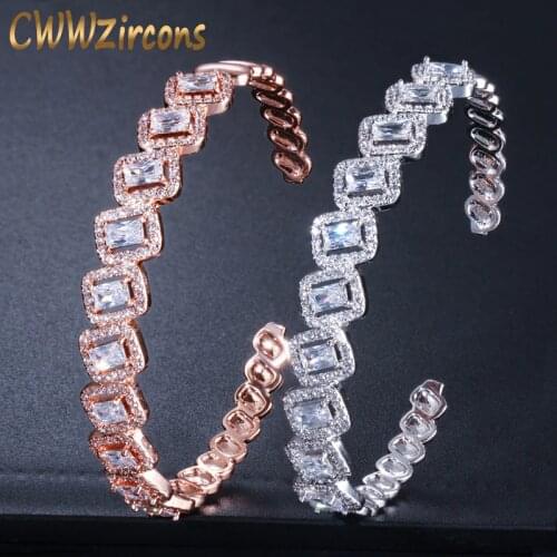 CWWZircons Fancy Princess Cut Cubic Zirconia Pave Rose Gold and Silver Color Adjustable Size Womens Hand Cuff Bangles BG019