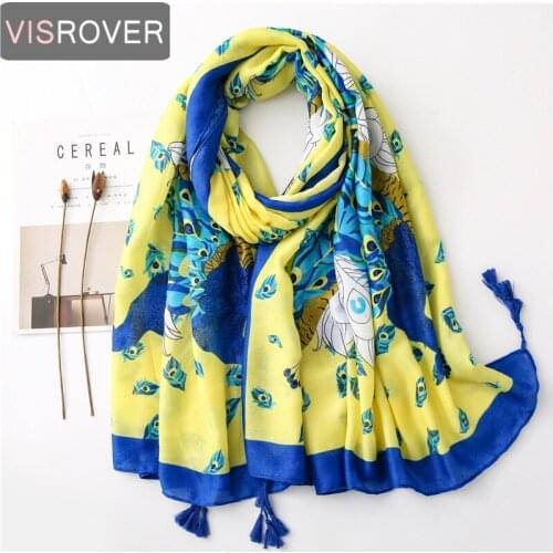 Visrover New Summer Tropical Head Beach Scarves Shawl Peacock Blue Animal Print Scarf Boho Women Scarfs With Tassel Wholesales