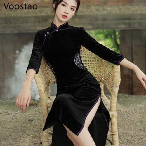 Women Chinese Style Velvet Cheongsam Dress Spring Autumn Elegant Floral Embroidery Qipao Party Dresses Lady Chic Slim Vestidos